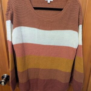 Umgee Chunky Waffle Knit Stripe Sweater - Rust, Cream & Mustard